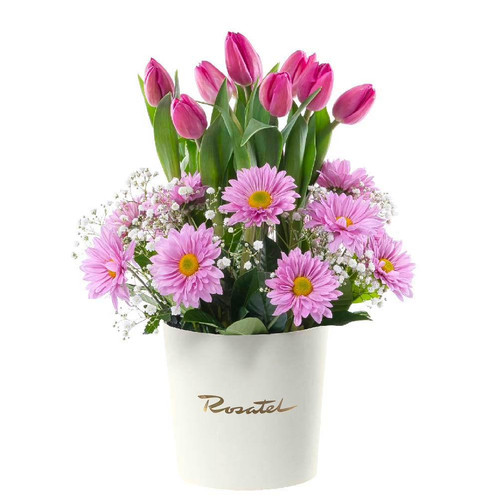 Sombrerera Crema Mediana con 10 Tulipanes y Flores