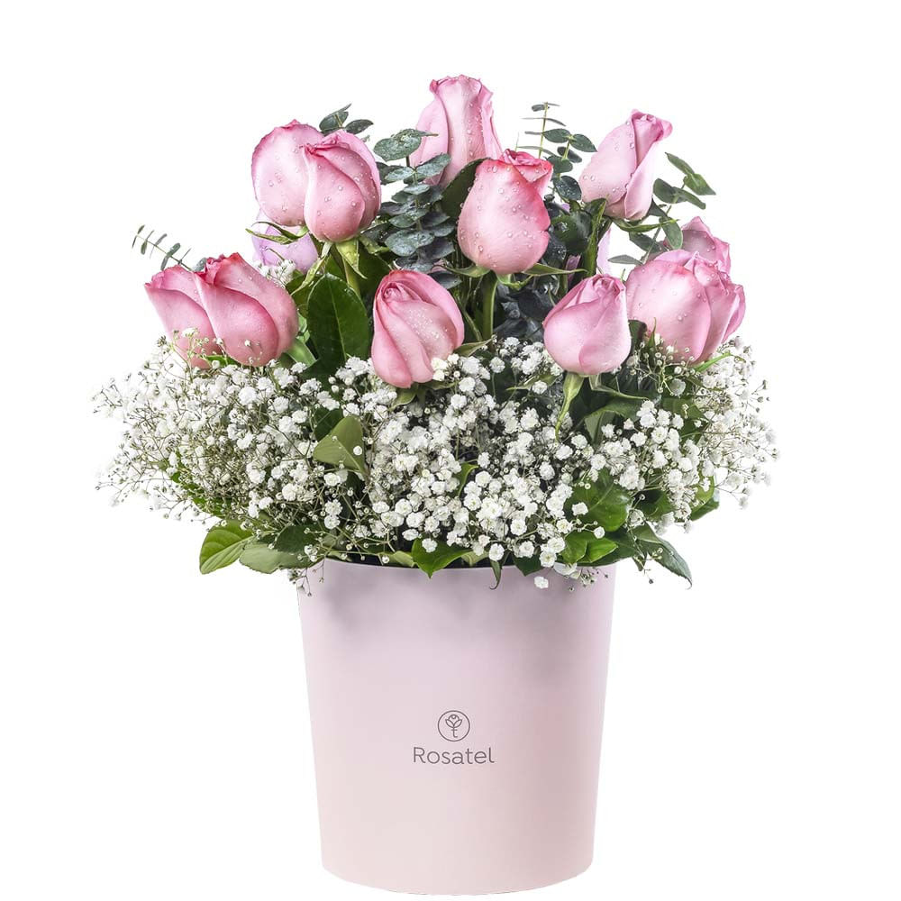 Sombrerera Rosada Grande con 15 Rosas y Flores