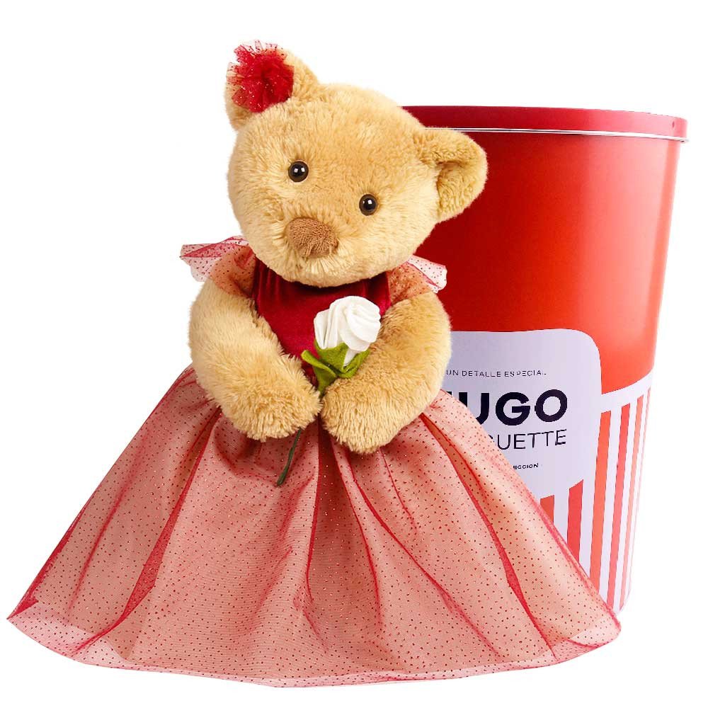 Huguette con Vestido Rojo y Rosa