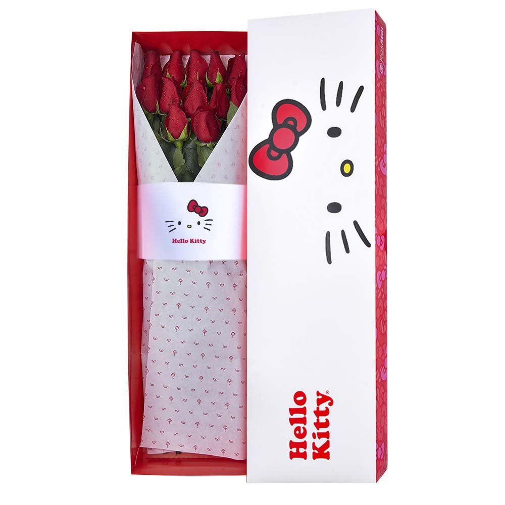 Caja Lazos Hello Kitty con 12 Rosas