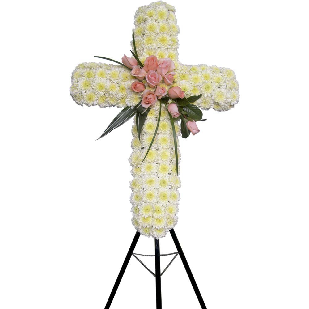 Cruz Pequeña con 12 Rosas, Pompos, Crisantemos y Flores en Trípode