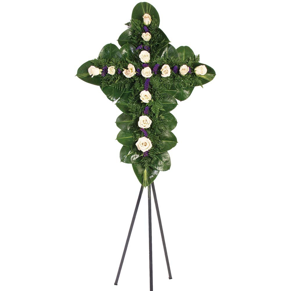 Cruz Pequeña con 13 Rosas y Follaje en Trípode