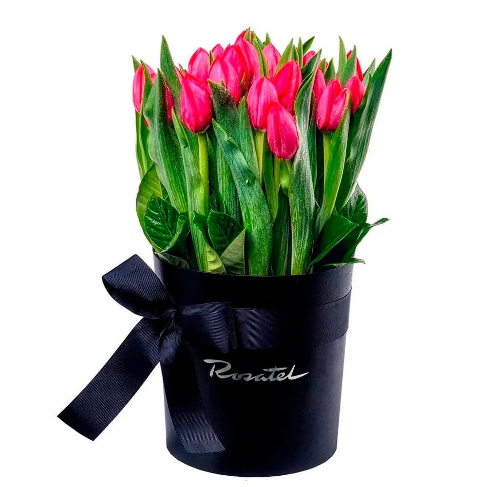 Sombrerera Negra Grande con 25 Tulipanes Rojos