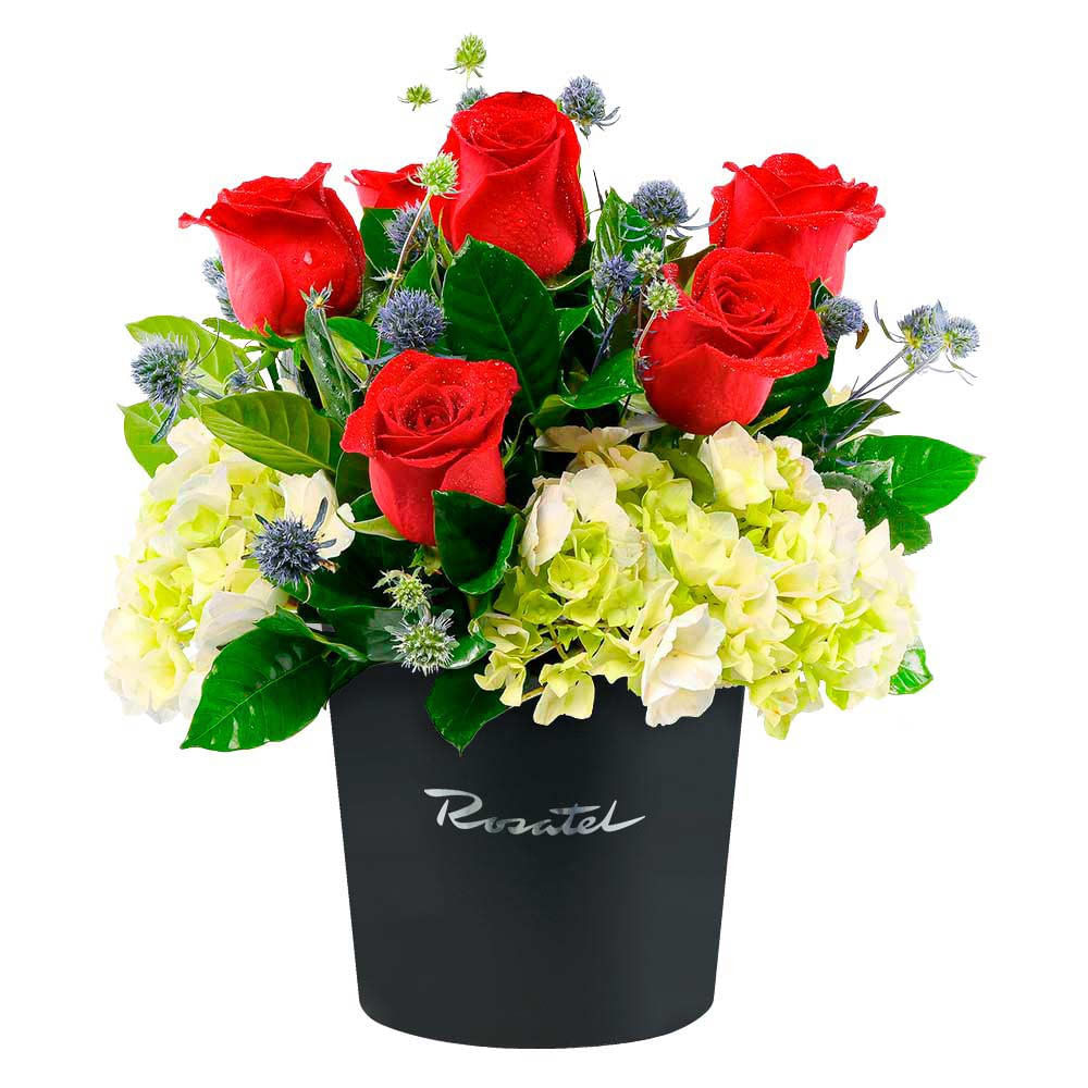 Sombrerera Negra con Rosas y Hortensias