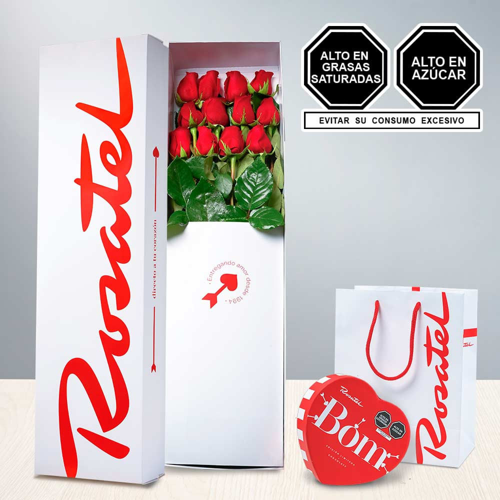 Caja con 12 Rosas y Chocolates Cacaosuyo