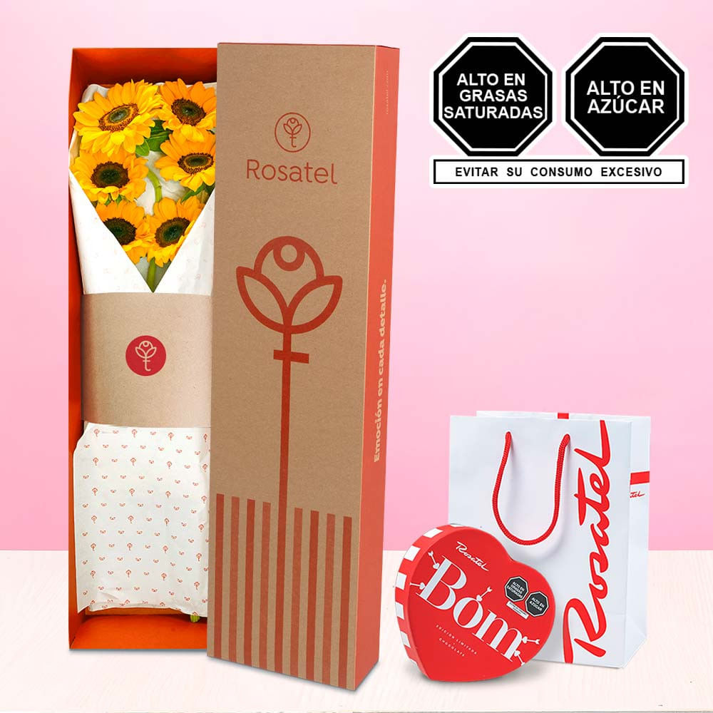 Caja con Girasoles y Chocolates Bom