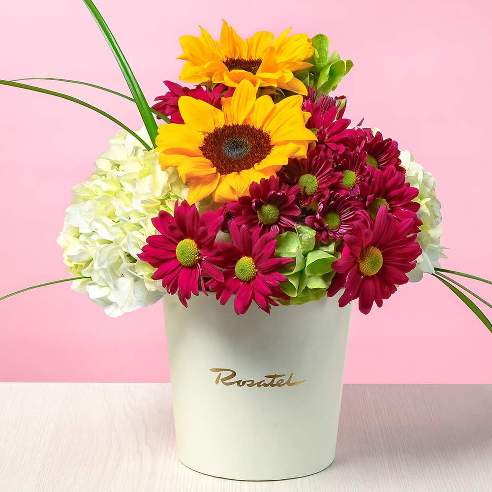 Sombrerera Crema Mediana con Girasoles y Hortensias