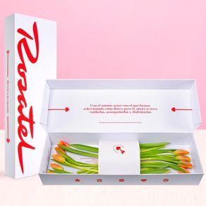 caja-rosatel-con-9-tulipanes-naranja-con-borde-amarillo