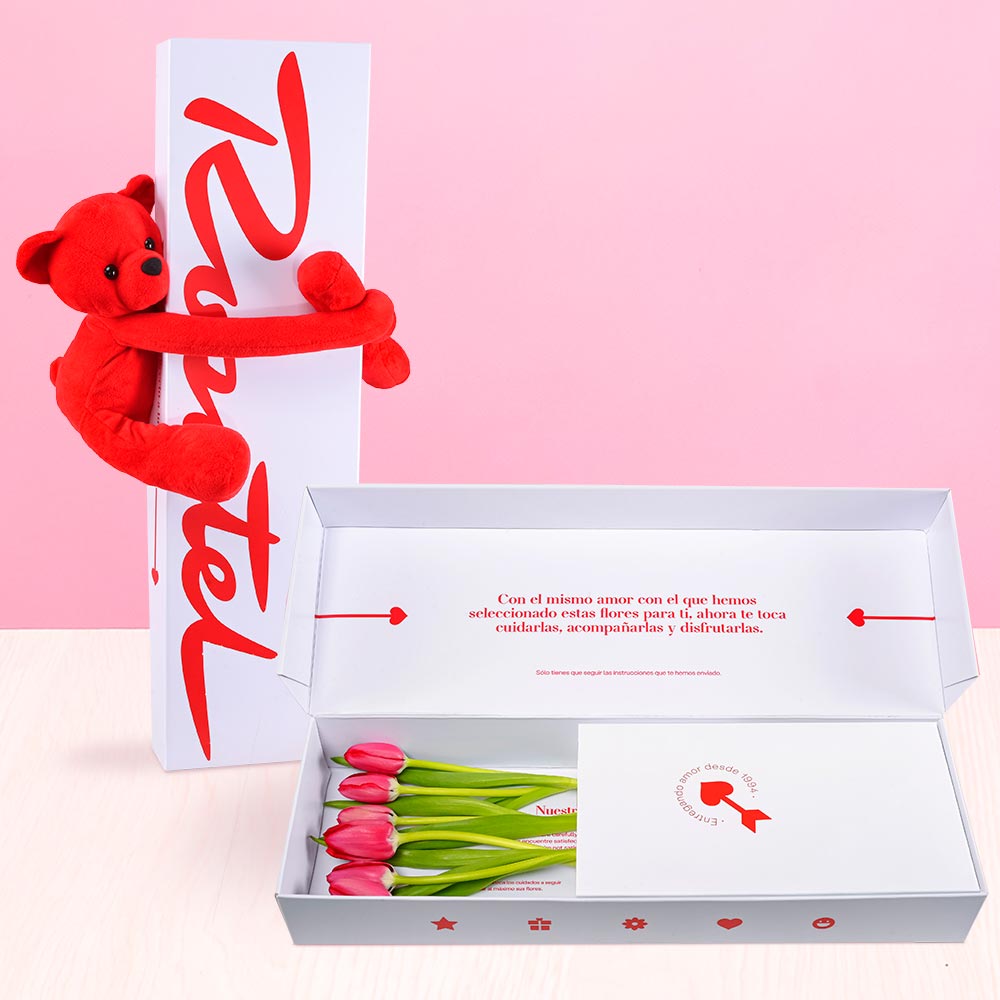 Caja 6 Tulipanes y Peluche Amoroso