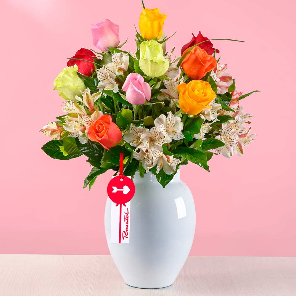 Florero con 10 Rosas de Colores