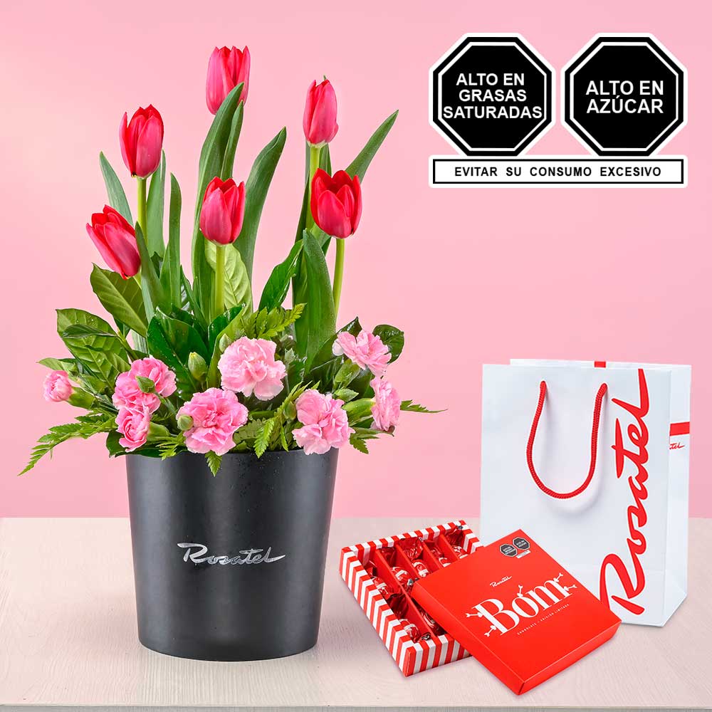 Arreglo con Tulipanes y Chocolates Cacaosuyo