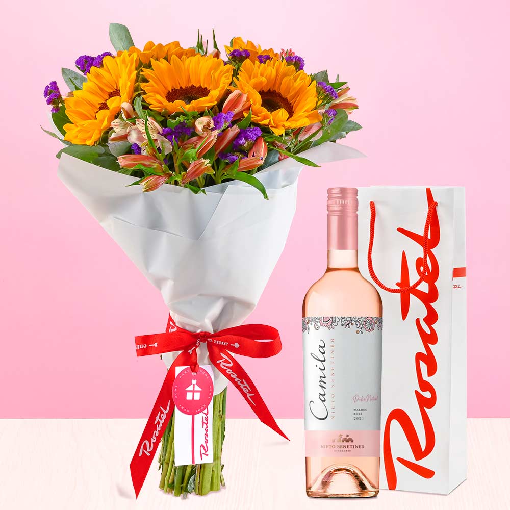 Ramo de Girasoles y Vino Camila