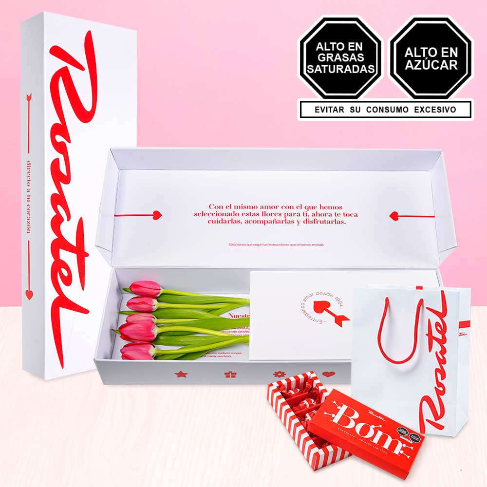 Caja 6 Tulipanes Rojos y Chocolates Bom 5 Unid.