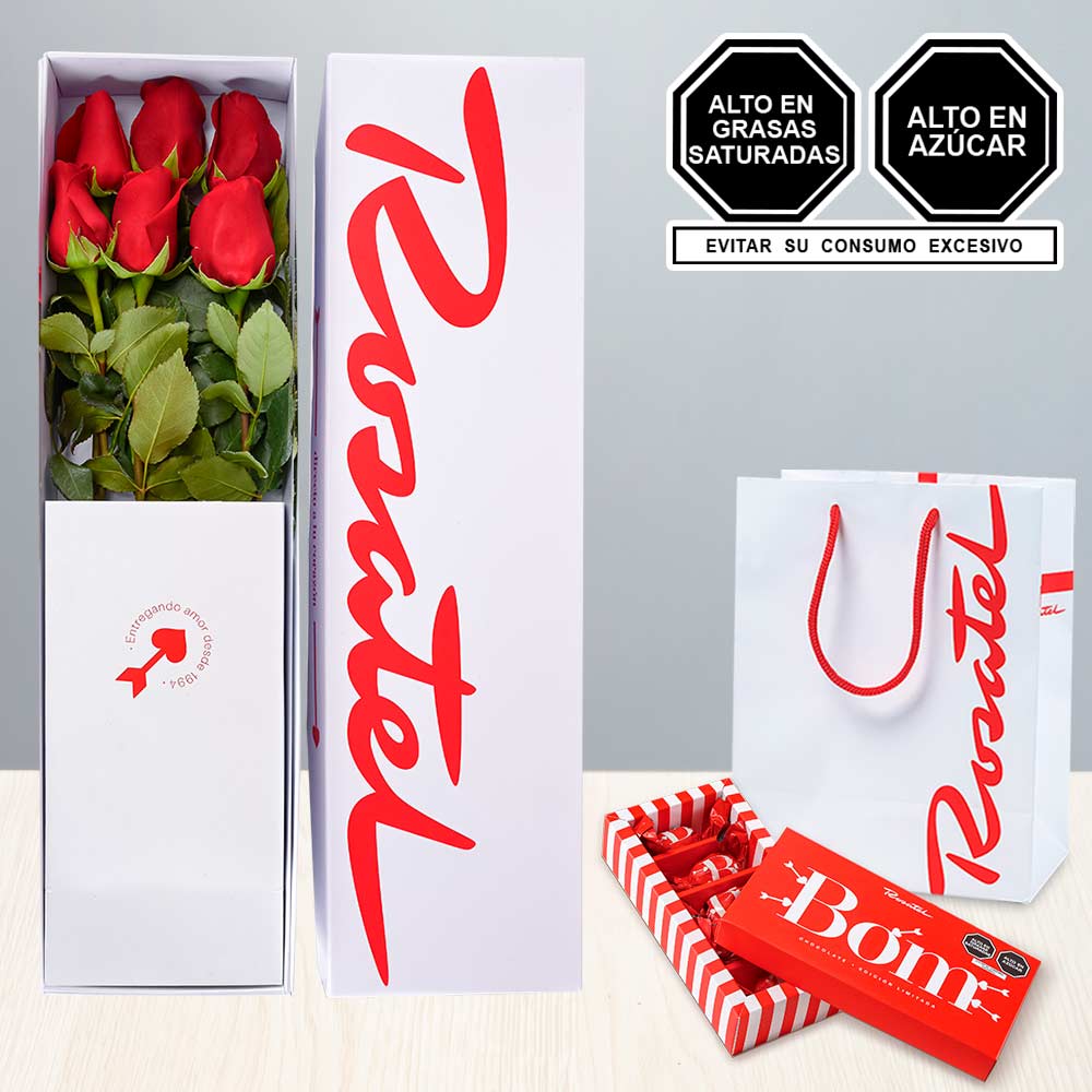 Caja Rosatel 6 Rosas y Chocolates Bom 5 Unid.