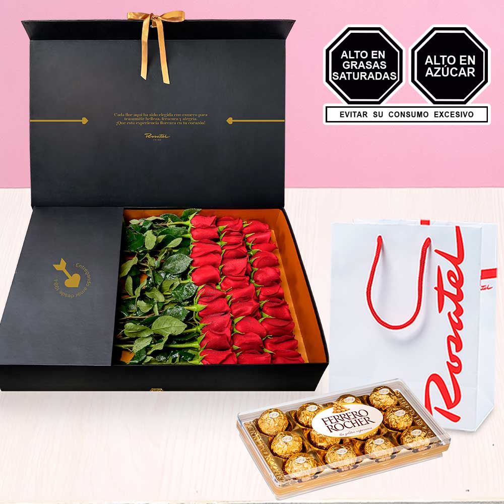 Caja Prime Rosatel 30 Rosas y Chocolates Ferrero