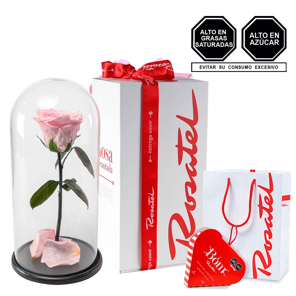 Rosa Encantada Rosada y Chocolates Bom