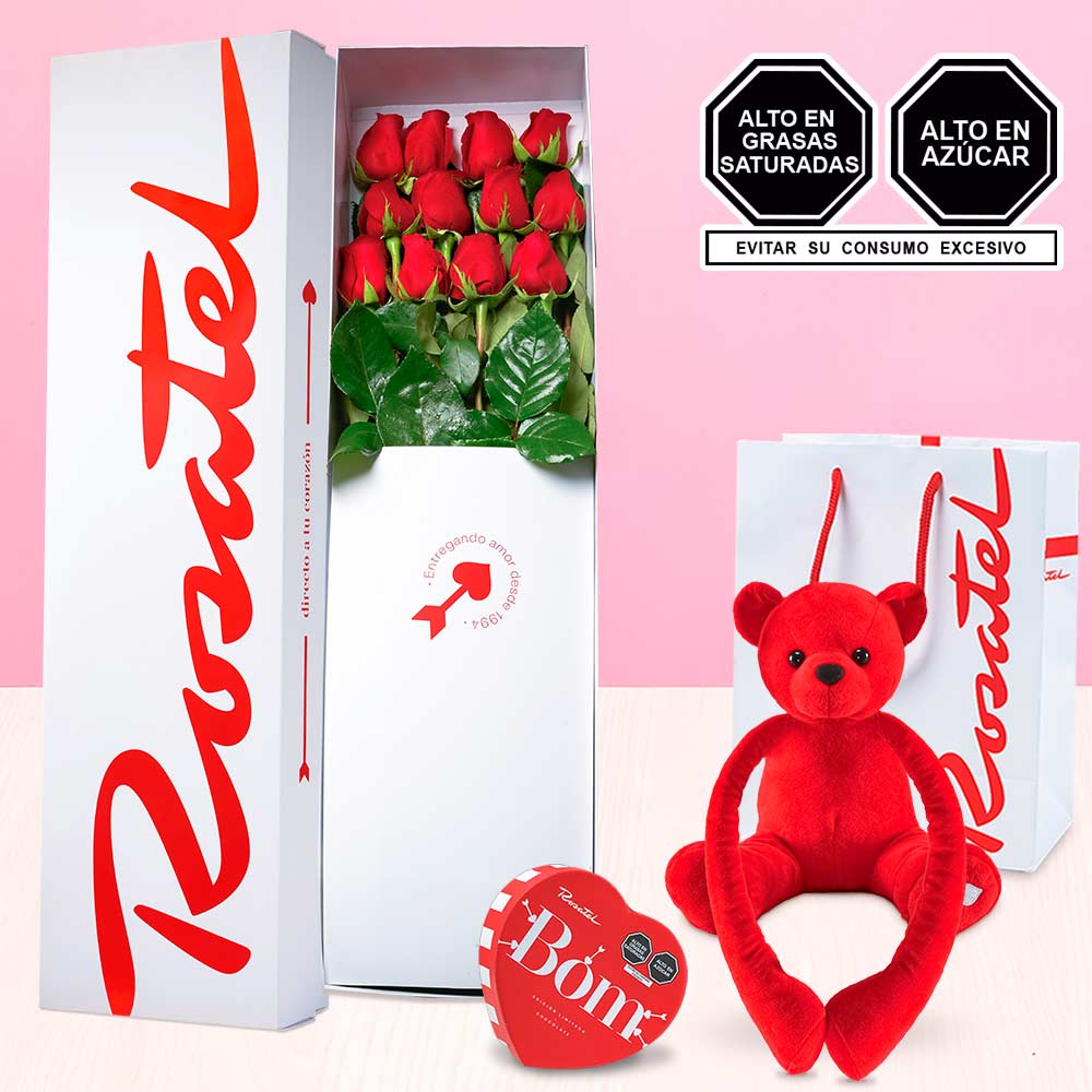 Caja 12 Rosas Amoroso y Chocolates Bom