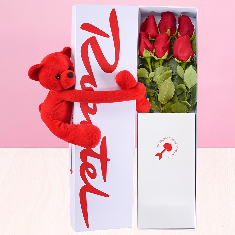 Caja 6 Rosas Rojas y Amoroso Rojo