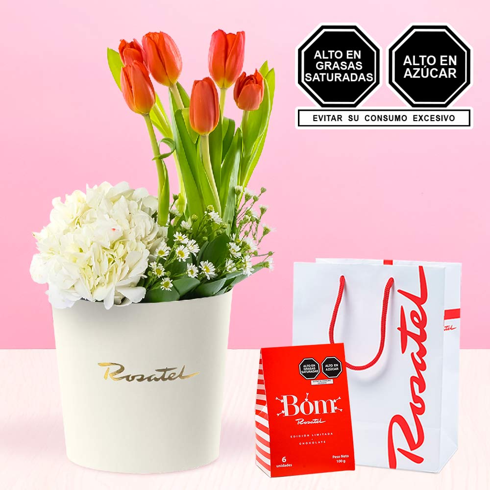Arreglo con Tulipanes y Chocolates Bom Rosatel