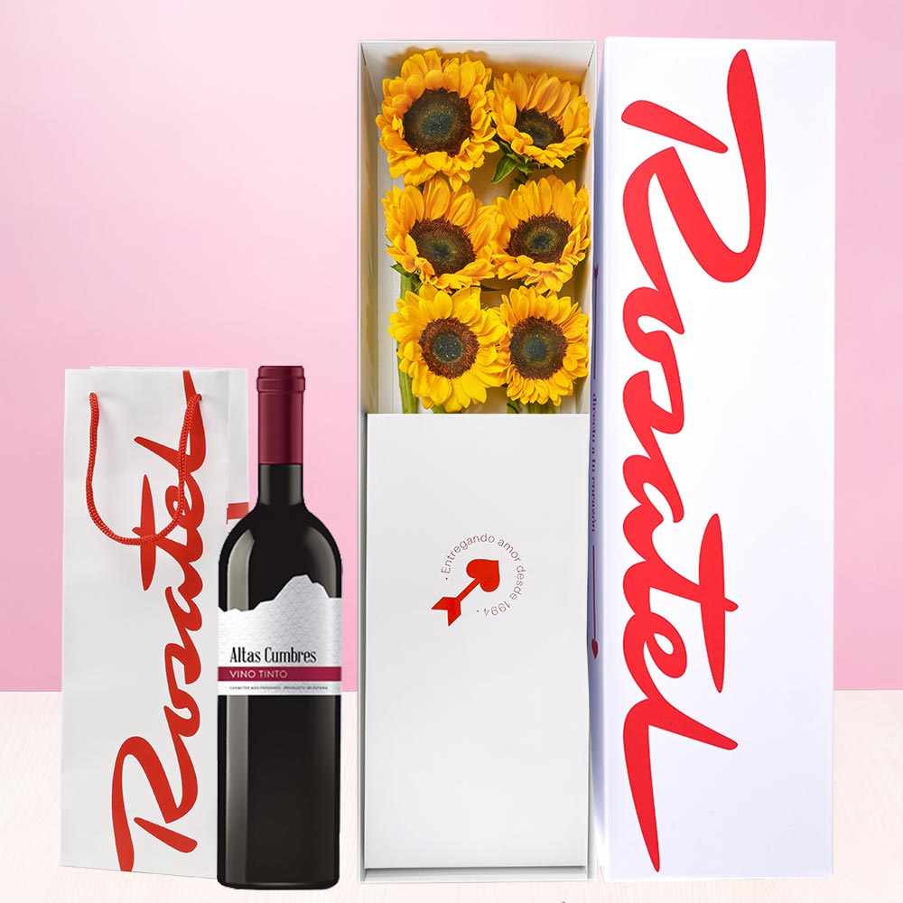 Caja con Girasoles y Vino Altas Cumbres