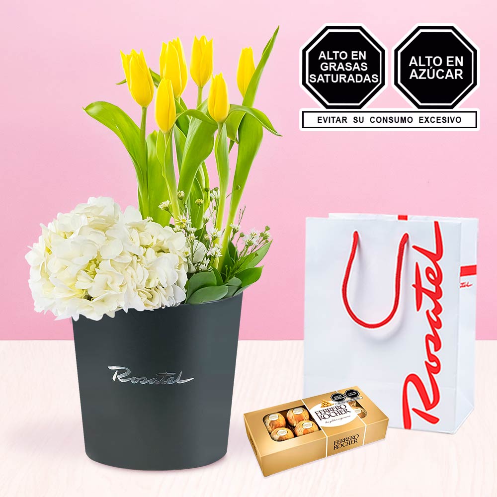 Arreglo con Tulipanes Amarillos y Chocolates Ferrero