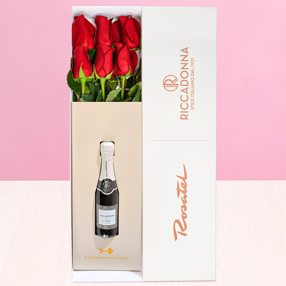Caja Rosatel con 6 Rosas y Riccadonna Asti 200 ml.