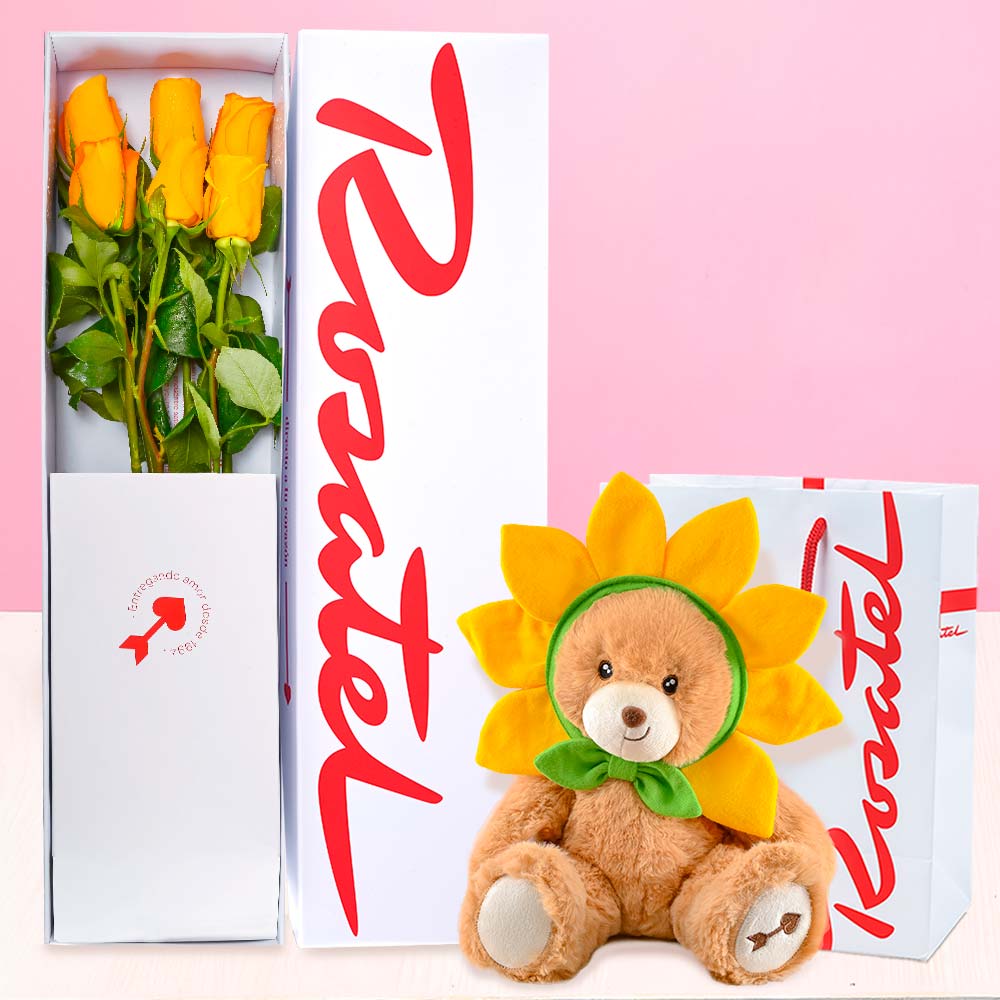 Caja 6 Rosas Amarillas y Hugo Girasol