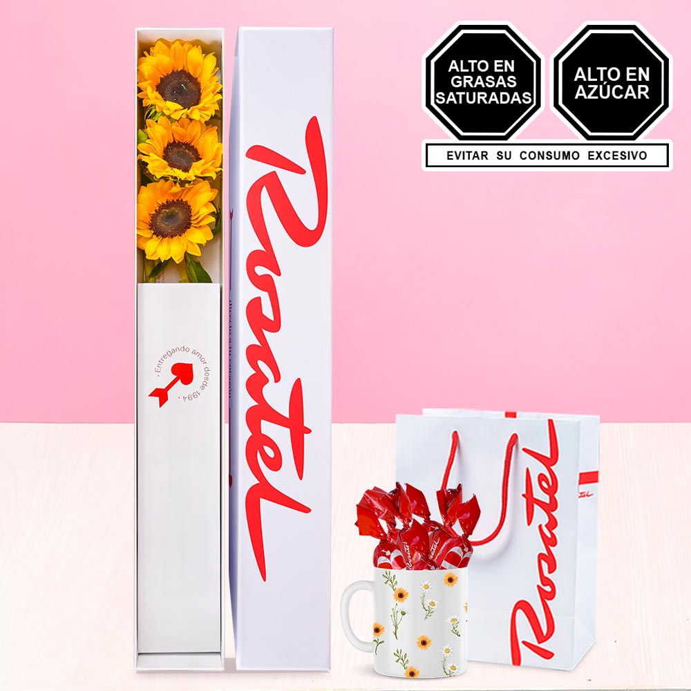 Caja con 3 Girasoles y Taza con Chocolates