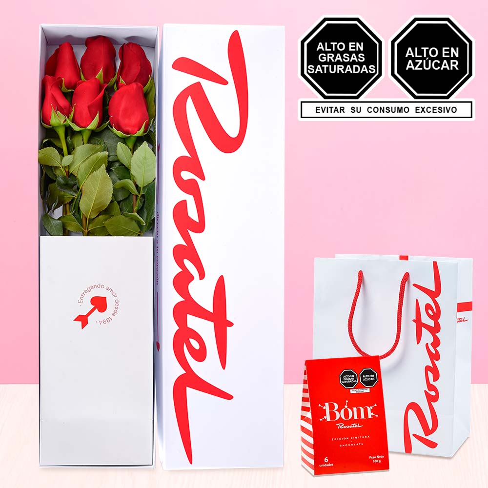 Caja con 6 Rosas y Caja Bag Bom