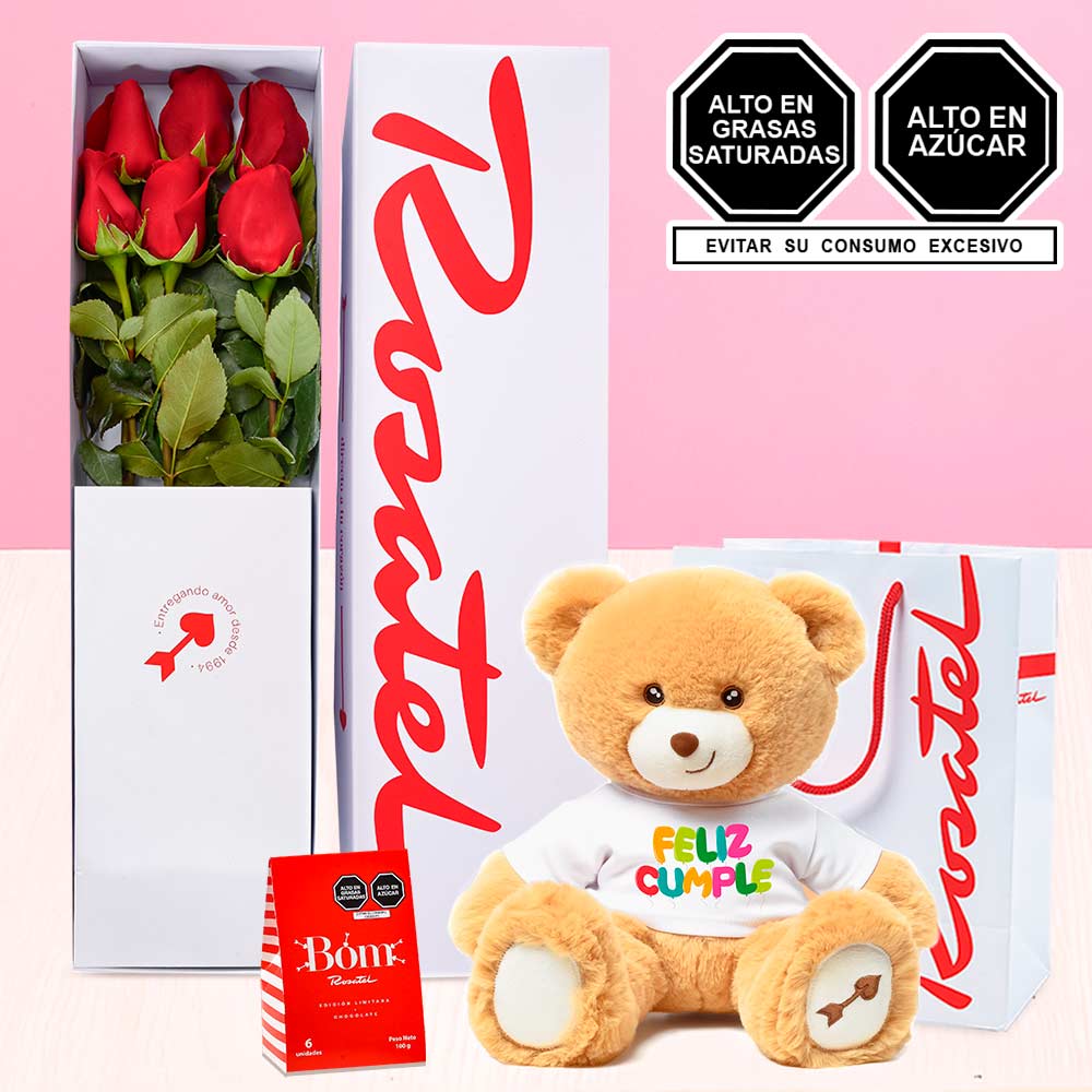 Caja con 6 Rosas Hugo Cumpleaños y Chocolates