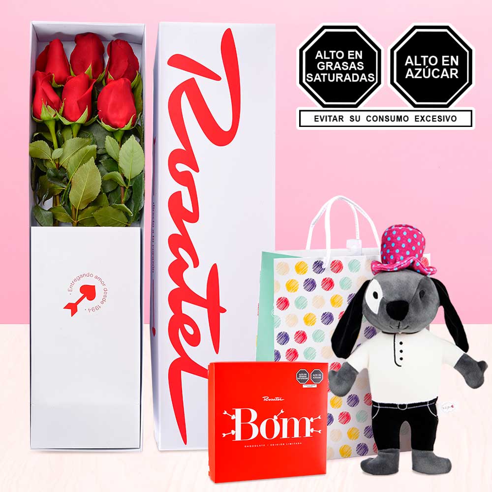 Caja Rosatel 6 Rosas Peluche y Chocolates