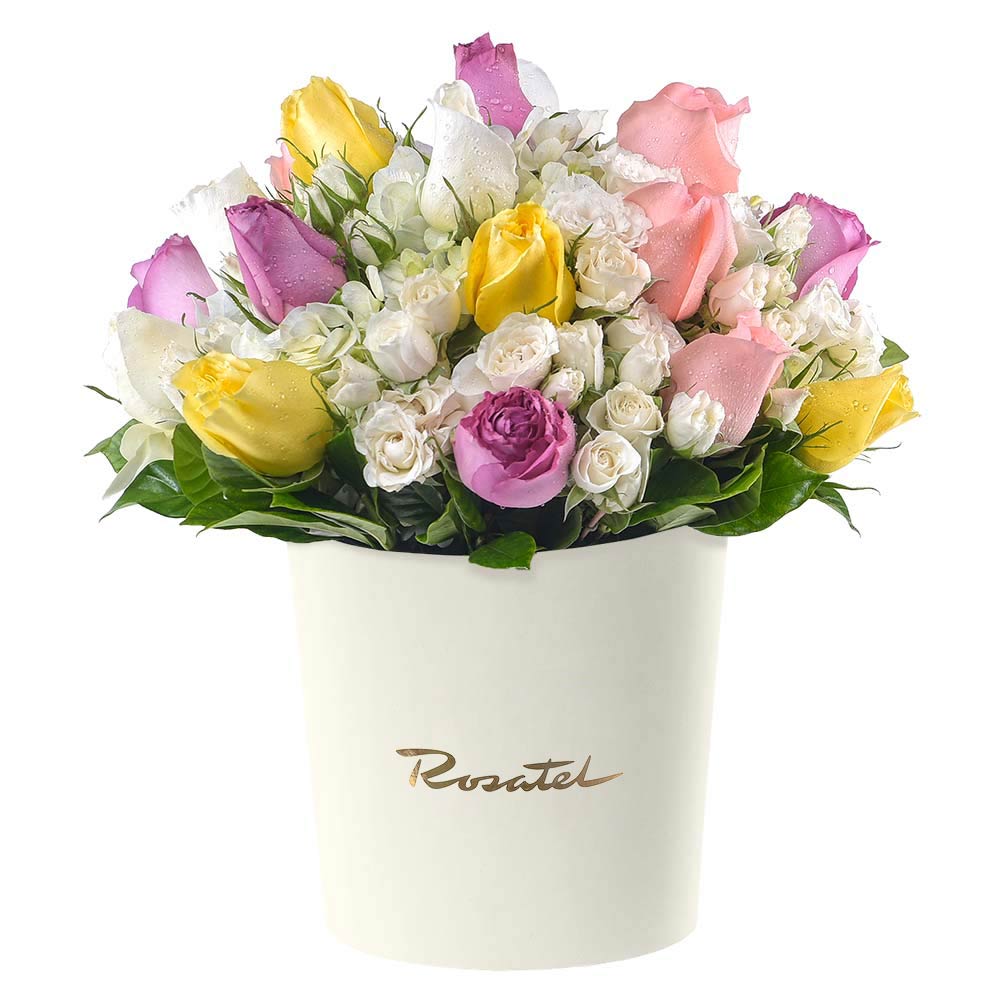 Sombrerera Crema Grande con Rosas, Mini rosas y Hortensias