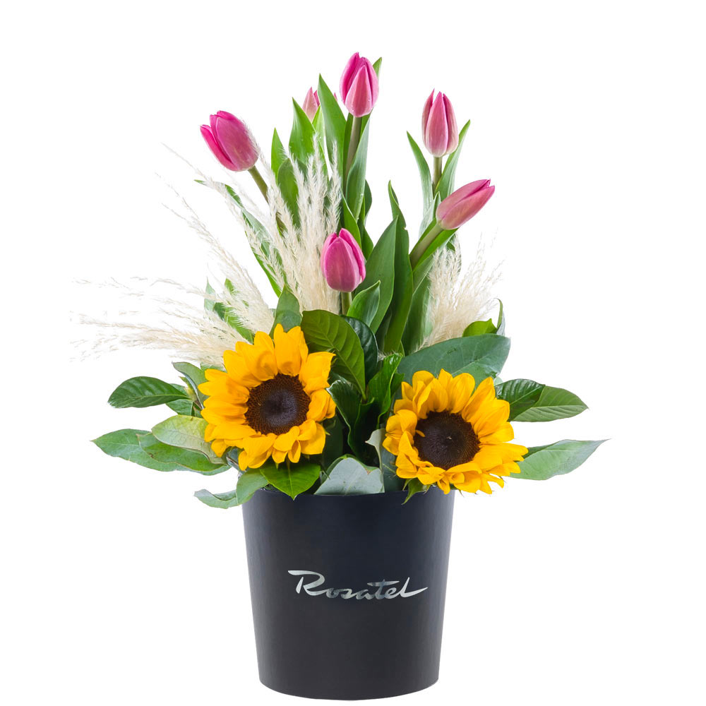 Sombrerera Negra Mediana con 6 Tulipanes y Girasoles