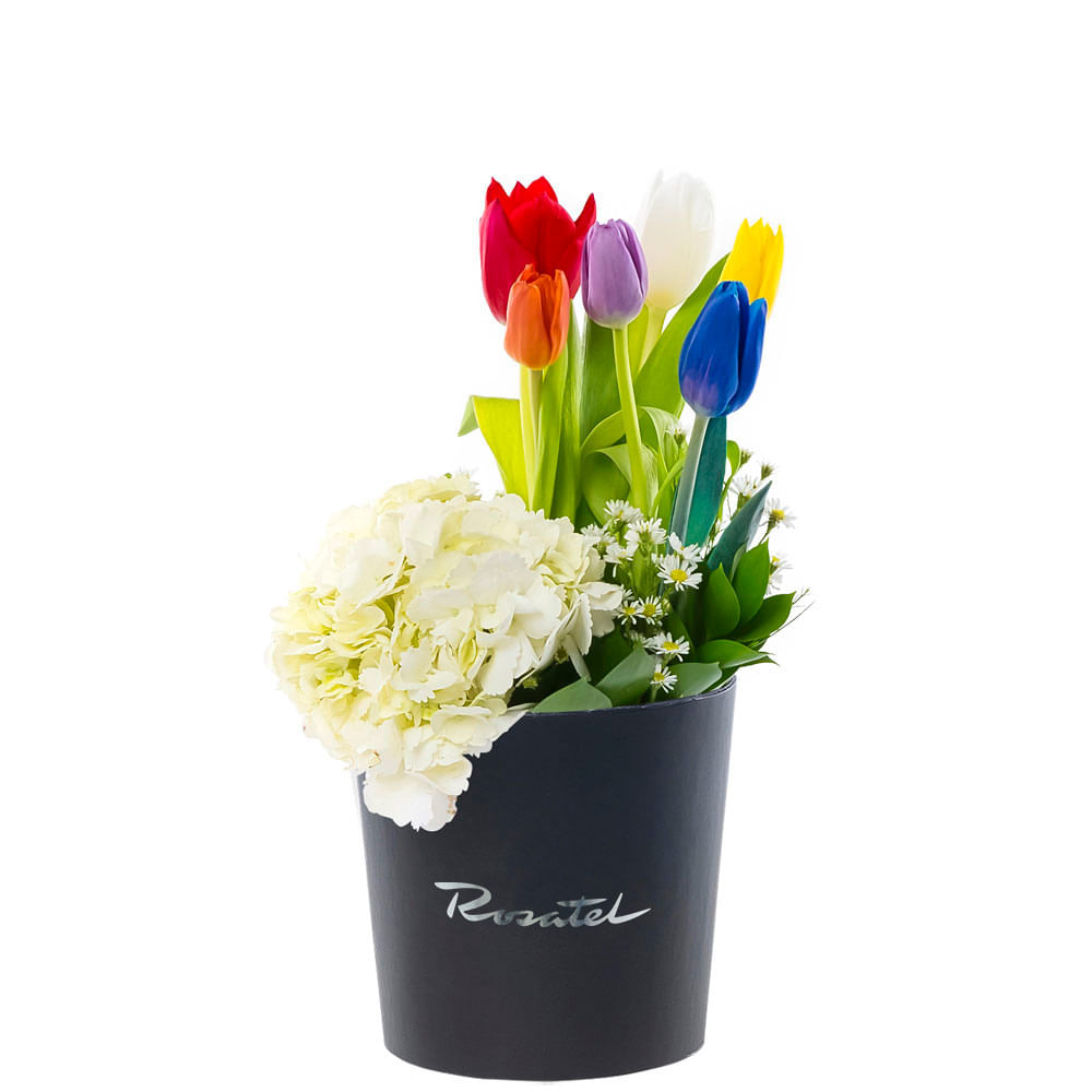 Sombrerera Negra Mediana con Tulipanes y Flores