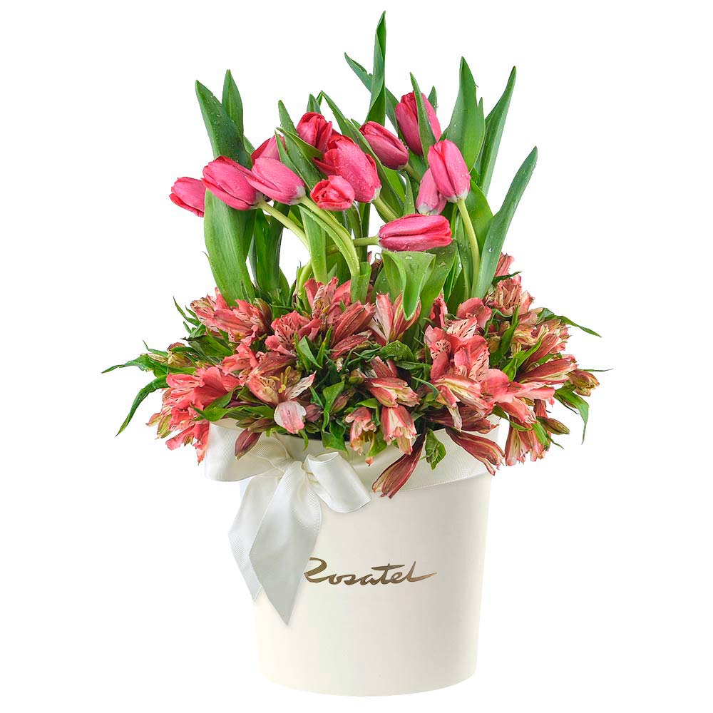 Sombrerera Crema Grande con 15 Tulipanes y Astromelias