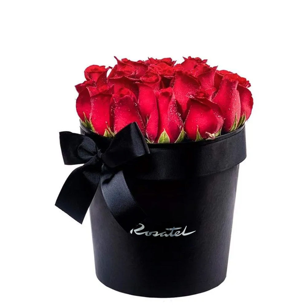Sombrerera Negra Grande con 20 Rosas Rojas