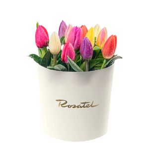 Sombrerera Crema Mediana con 12 Tulipanes Variados