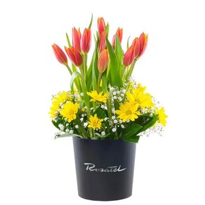 Sombrerera Negra Mediana con 10 Tulipanes y Flores