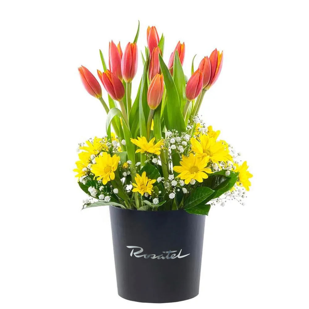 Sombrerera Negra Mediana con 10 Tulipanes y Flores
