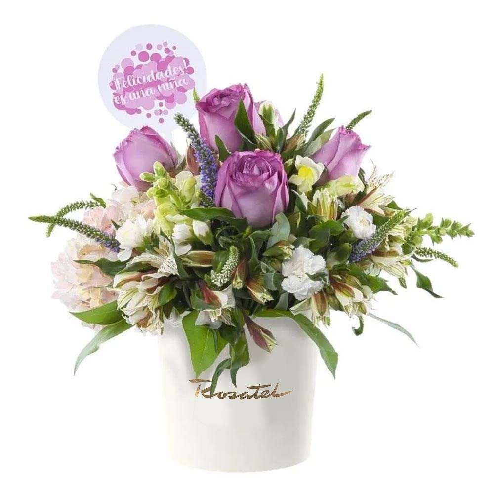 Sombrerera Crema Mediana con Rosas Lilas Es una Niña