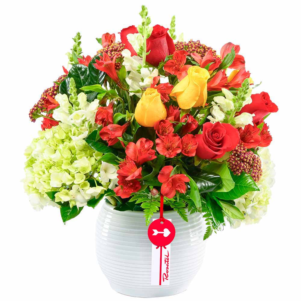 Arreglo Cerámica Blanca Rosas Rojas y Amarillas