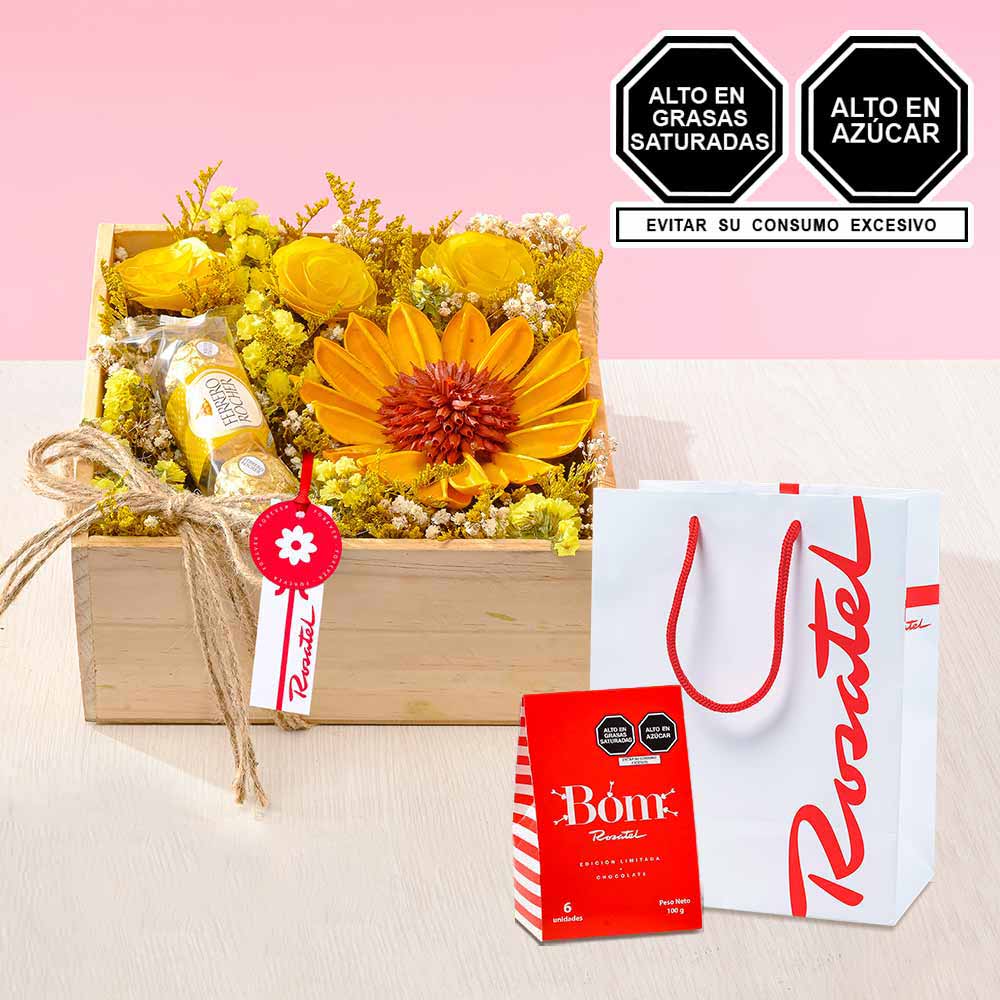 Arreglo Ferrero Flores Amarillas y Caja Bag Bom Rosatel