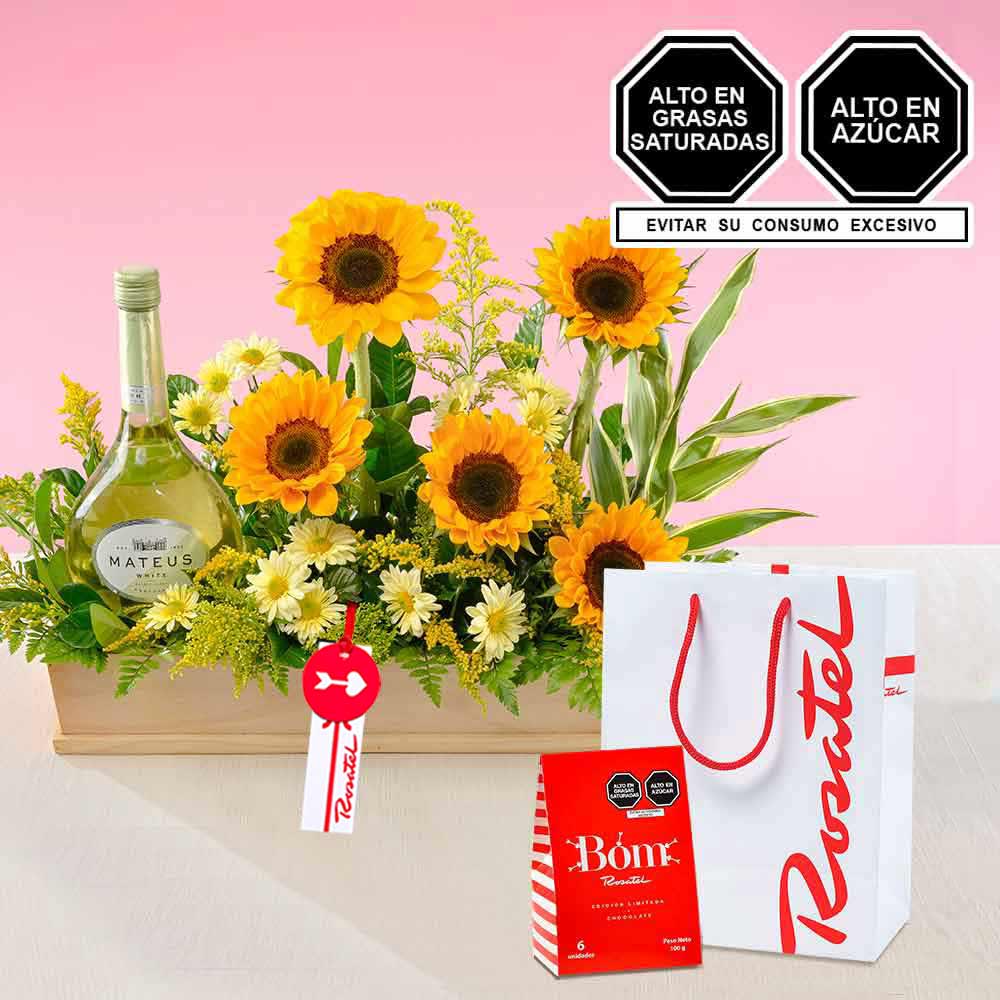 Arreglo Mateus con Girasoles y Caja Bag Bom Rosatel