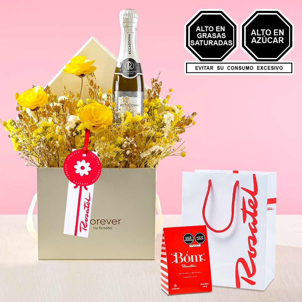 Arreglo Riccadonna Flores Amarillas y Caja Bag Bom Rosatel