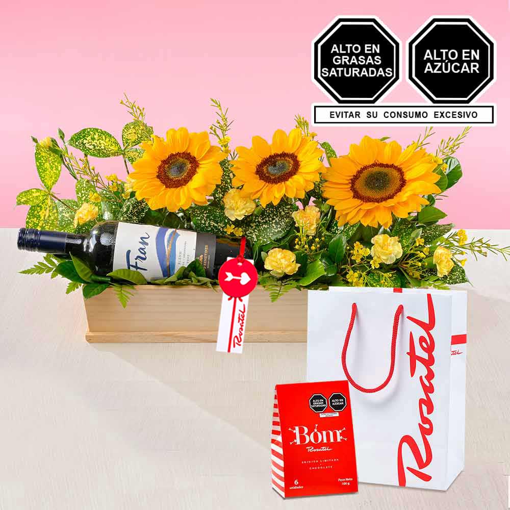 Arreglo Girasoles Nieto Senetiner y Caja Bag Bom Rosatel
