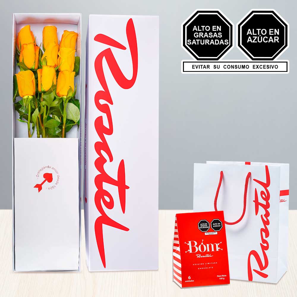 Caja con 9 Rosas Amarillas y Caja Bag Bom Rosatel
