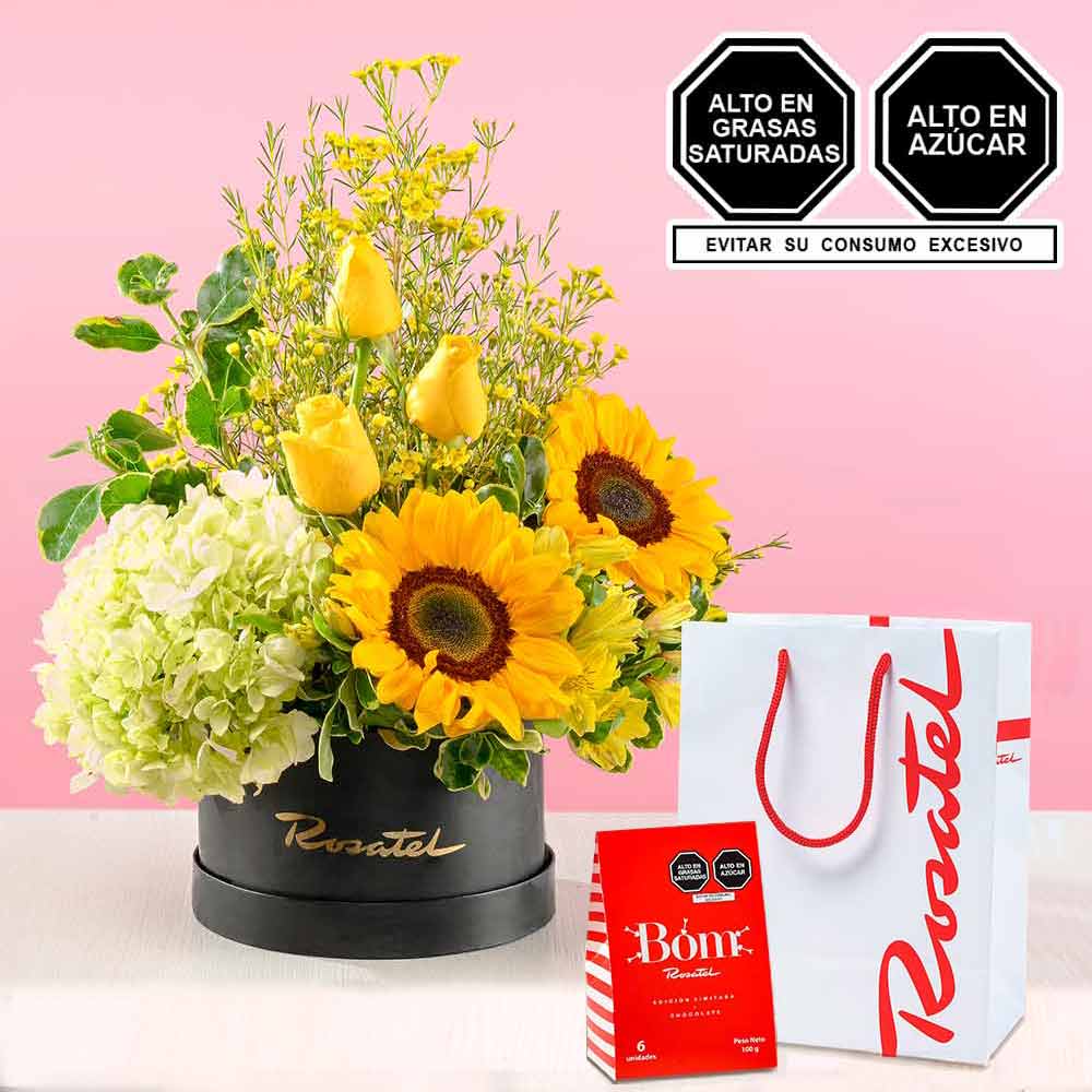 Arreglo de Flores y Caja Bag Bom Rosatel