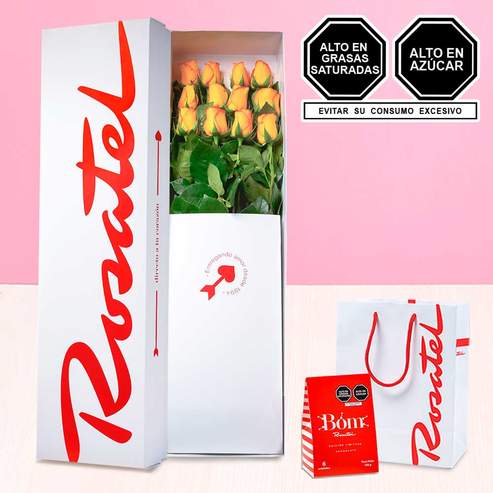 Caja con 12 Rosas Amarillas y Caja Bag Bom Rosatel