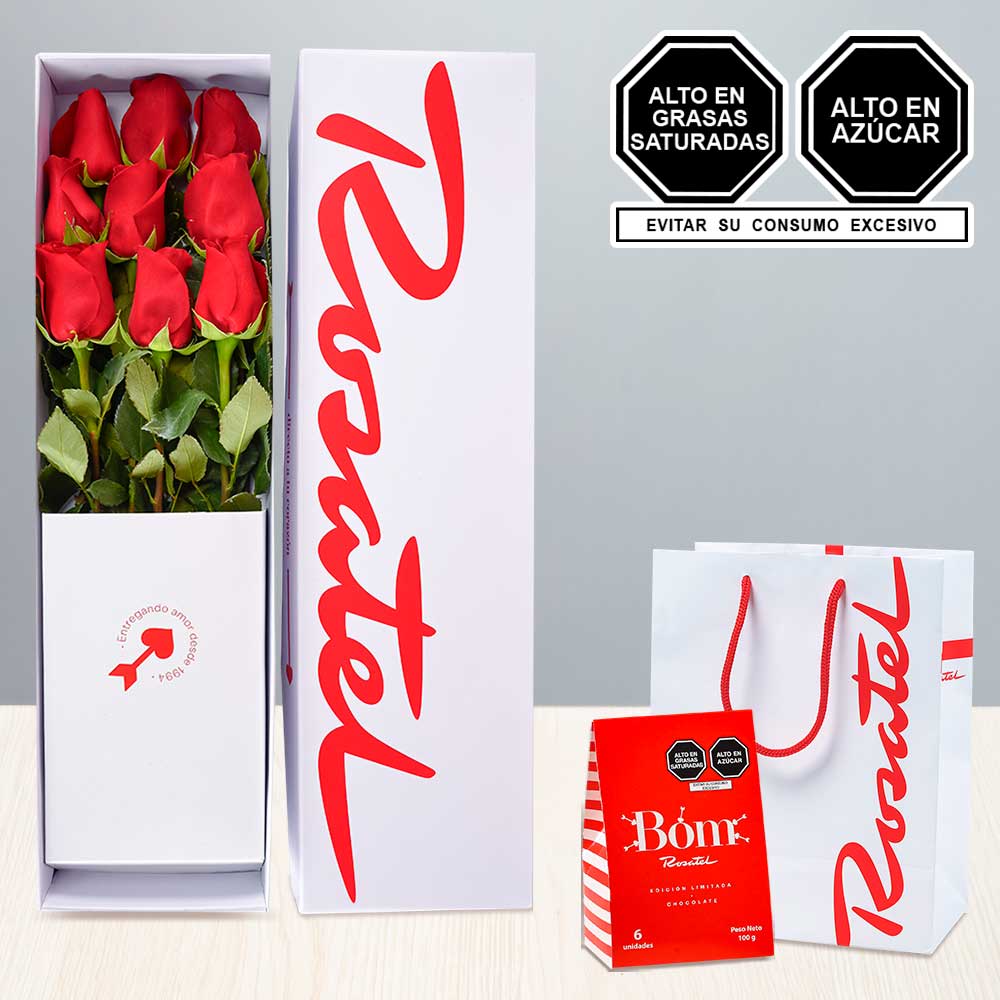 Caja con 9 Rosas y Caja Bag Bom