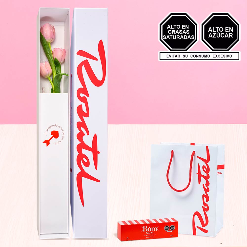 Caja con 3 Tulipanes Rosados y Chocolates Bom 2 unids.